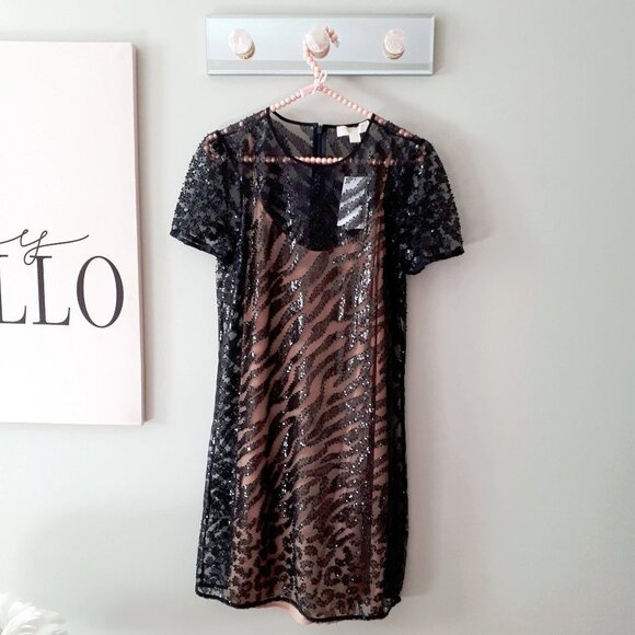 NWT MICHAEL Michael Kors black sequin & crystal leopard print mesh t-shirt dress - Picture 6 of 7
